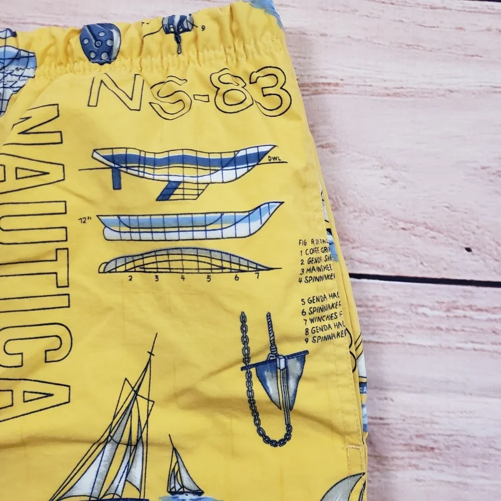 VINTAGE Nautica Swim Trunks‎ Mens Large Yellow Blue Short Sail Boats Adult 90s